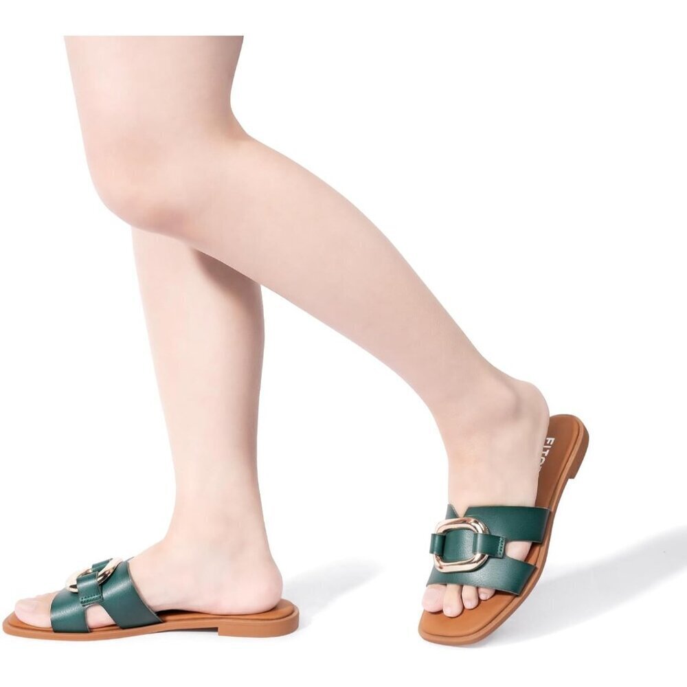 Women's Green Square Open Toe Slides PU Strap Metal Chain Slippers Flat Sandals - Picture 2 of 5